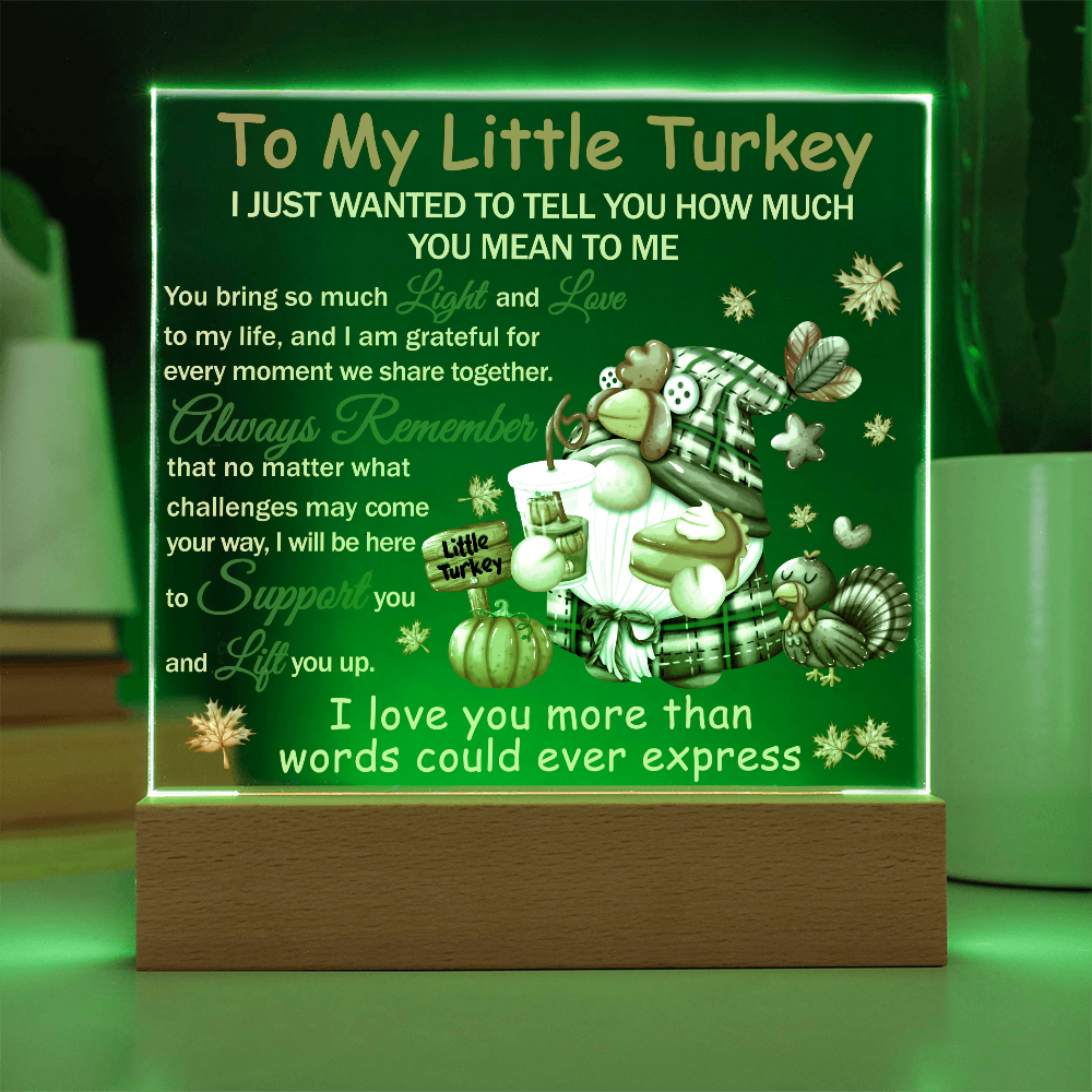 To My Little Turkey Acrylic Plaque – Heartfelt Thanksgiving Gift for Child, Grandchild, or Loved One | Cute Fall Message Keepsake | LED Light Base Option