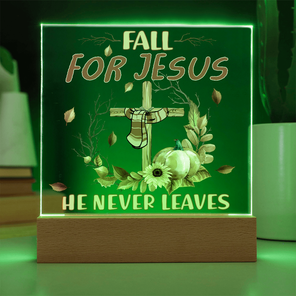 Fall for Jesus Acrylic Plaque – Christian Fall Décor with Cross and Pumpkins | Faith-Based LED Light Display Gift
