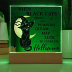 Halloween Decor - Black Cats and Pumpkins Gleam Acrylic Square Plaque with LED Wooden Base