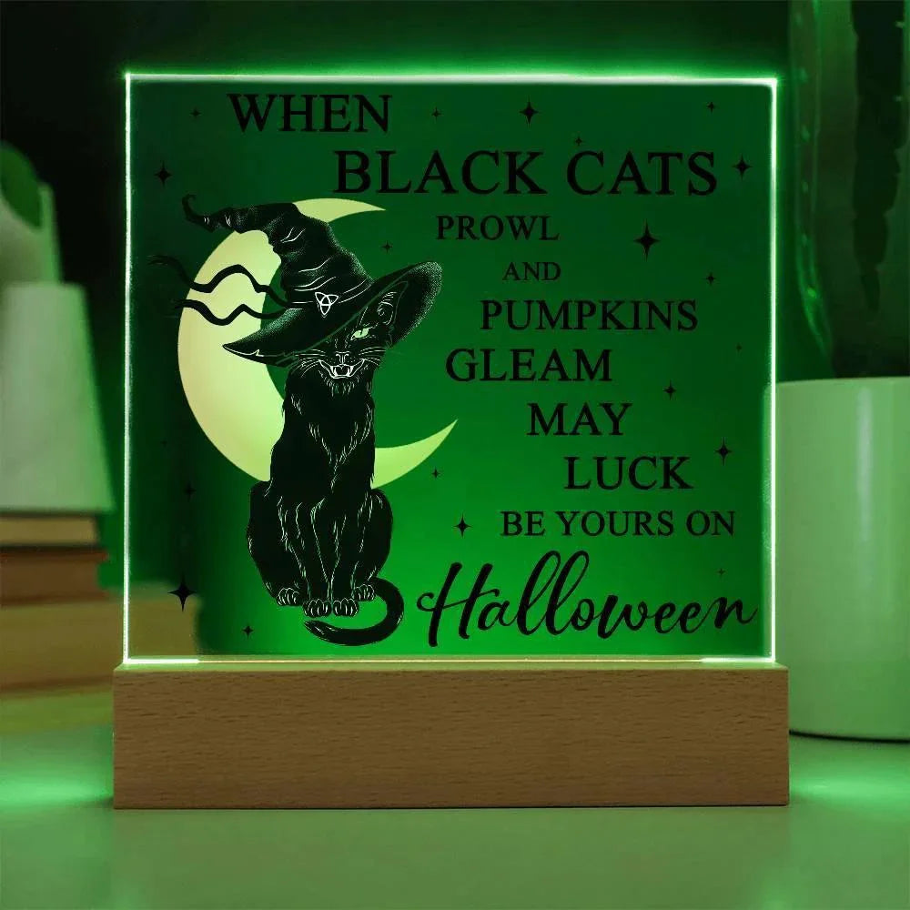 Halloween Decor - Black Cats and Pumpkins Gleam Acrylic Square Plaque with LED Wooden Base