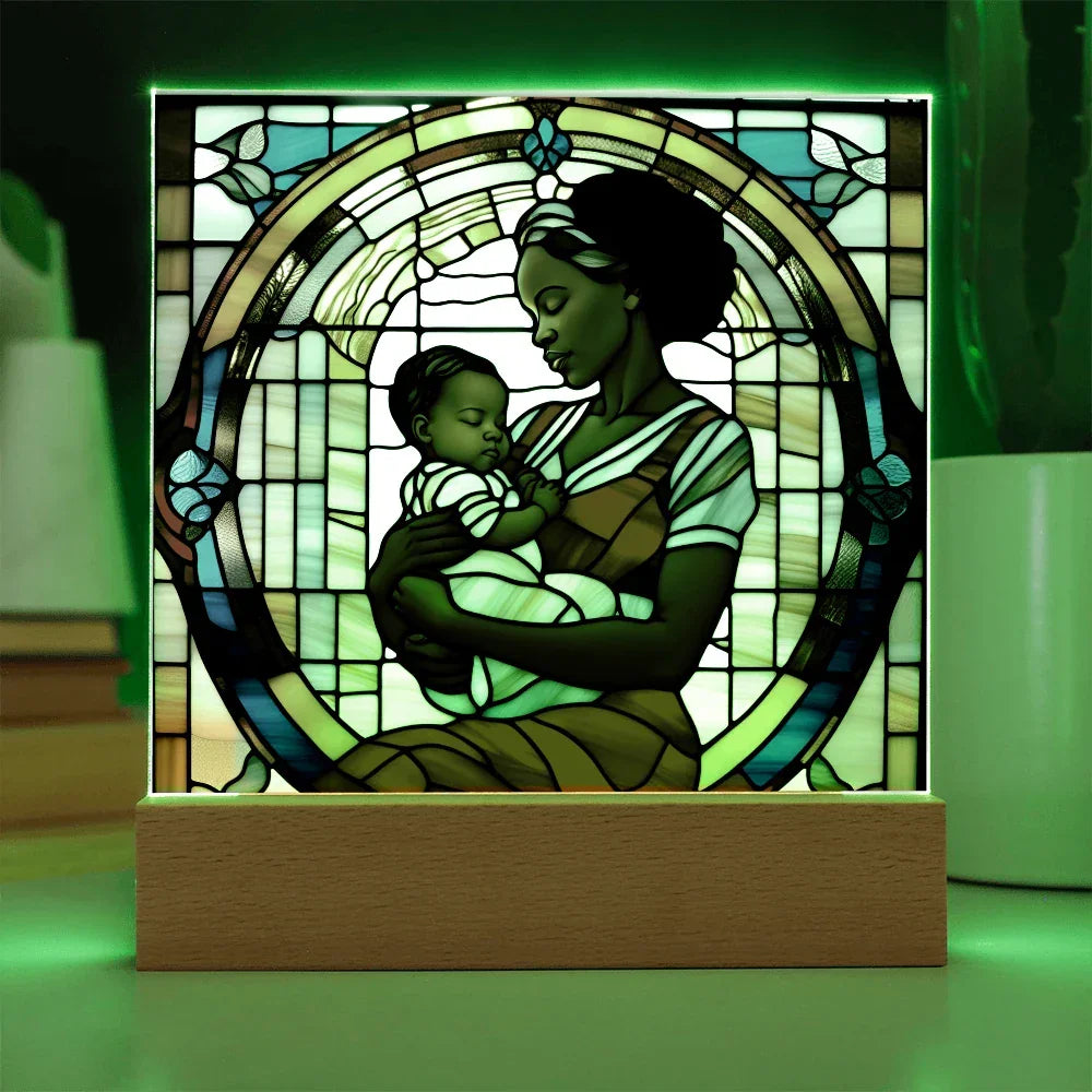 Black Mother and Baby Stained Glass Style LED Acrylic Plaque – A Powerful Tribute for New Moms and Mother's Day