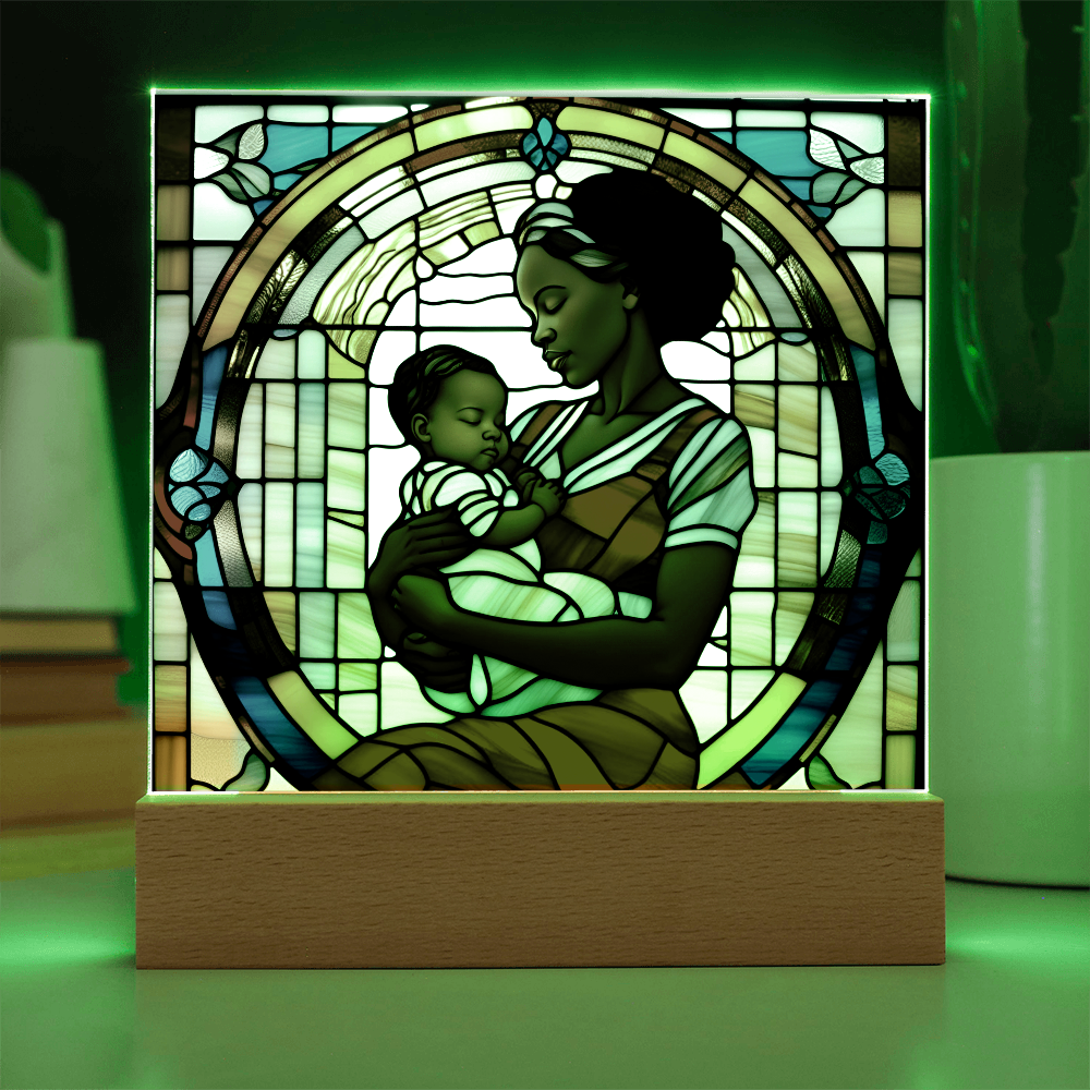 Black Mother and Baby Stained Glass Style LED Acrylic Plaque – A Powerful Tribute for New Moms and Mother's Day - Mallard Moon Gift Shop