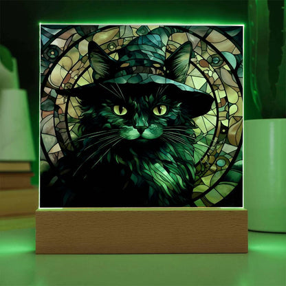 Halloween Decor - Spooky Black Cat Acrylic Square Plaque with LED Wooden Base - Mallard Moon Gift Shop