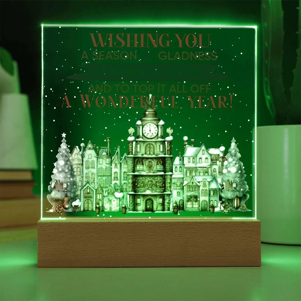 Wishing You a Season of Gladness Holiday Acrylic Plaque with Lighted LED Wooden Base - Mallard Moon Gift Shop