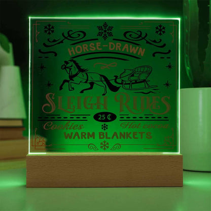 Christmas Horse Drawn Sleigh Rides Acrylic Square Plaque with LED Wooden Base - Mallard Moon Gift Shop