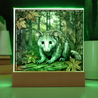 North American Opossum LED Acrylic Plaque – Autumn Forest Scene – Wooden Base (Battery or Corded) - Mallard Moon Gift Shop