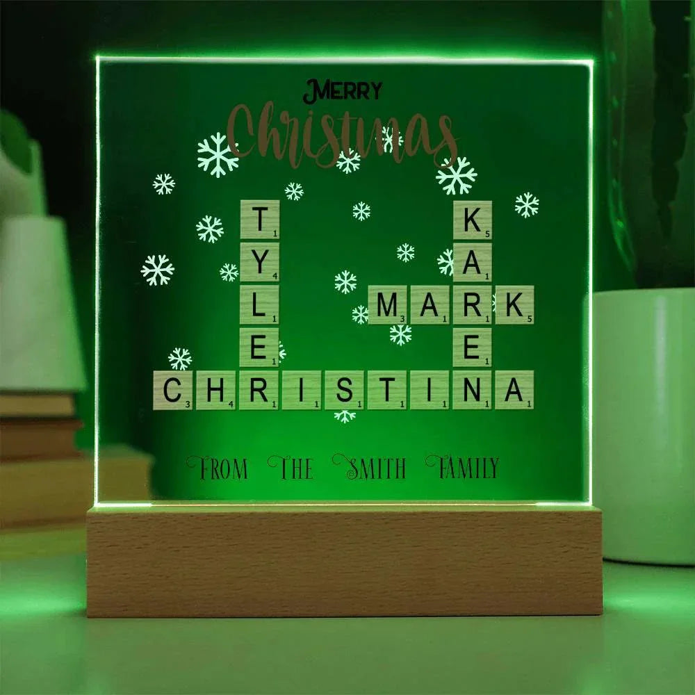 Personalized Crossword Puzzle Merry Christmas Acrylic Plaque with Lighted LED Wooden Base