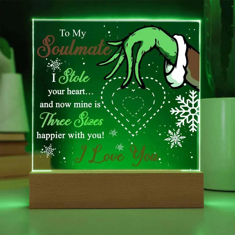 Soulmate Gift - Stole My Heart - Christmas Acrylic Plaque with Lighted LED Wooden Base