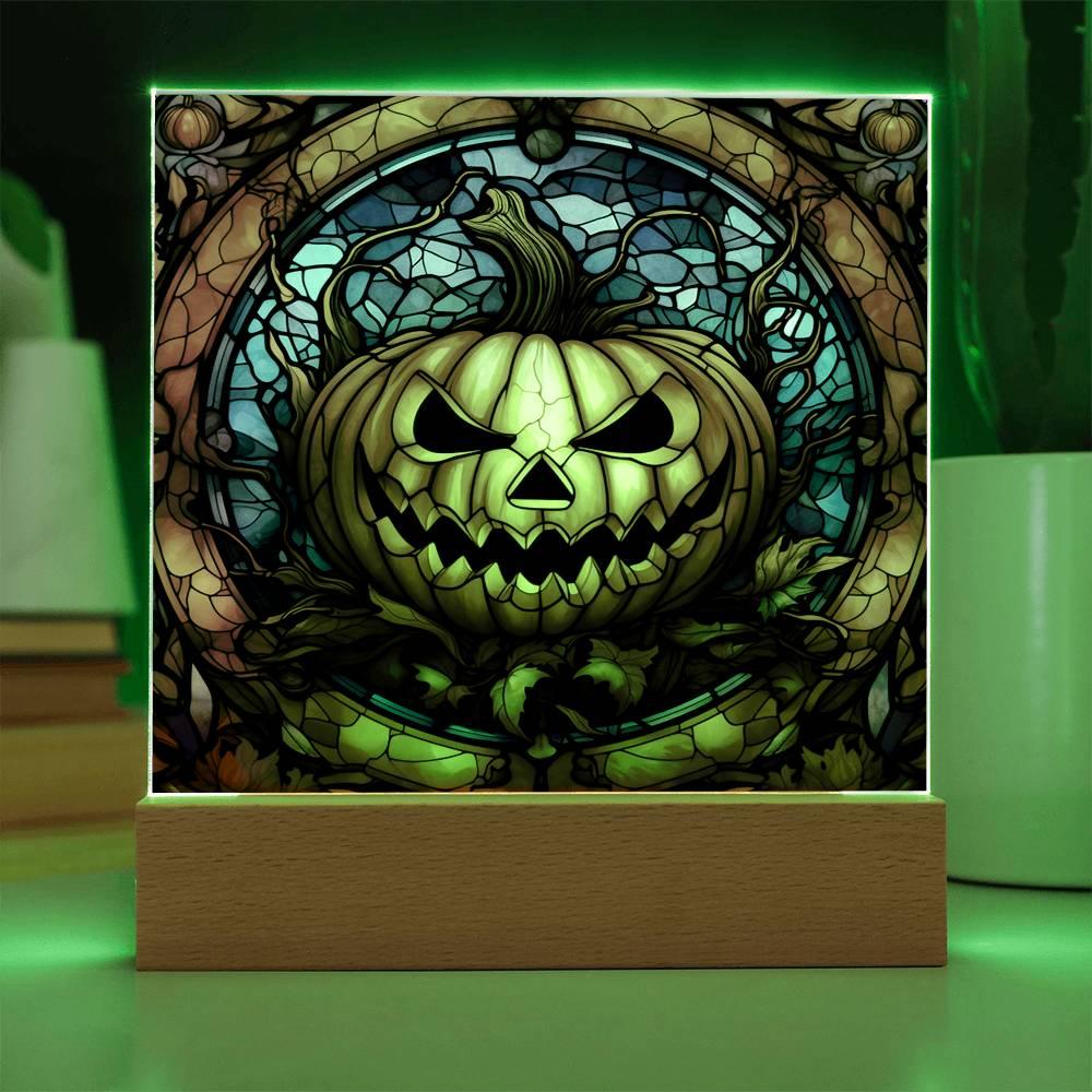 Halloween Pumpkin Stained-Glass Acrylic Square Plaque with LED Wooden Base - Mallard Moon Gift Shop