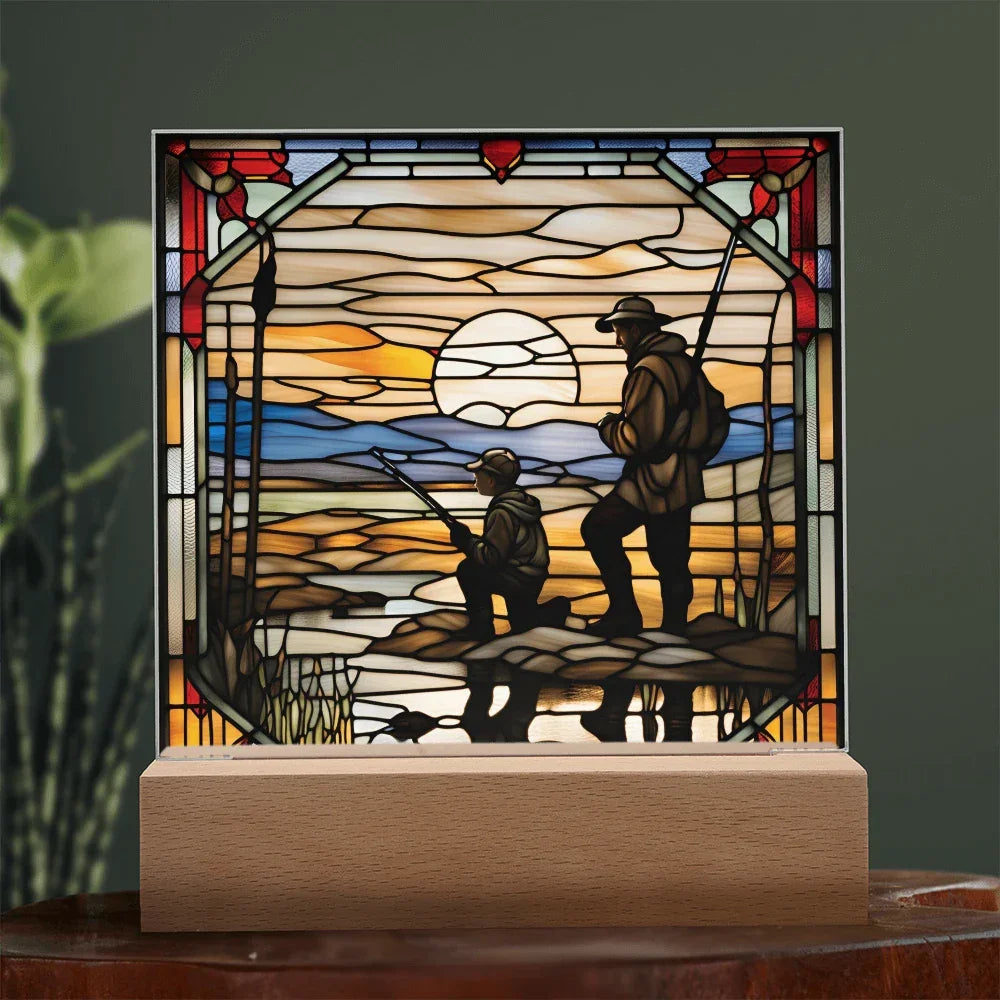 Father and Son Duck Hunting - Stained Glass Style LED Acrylic Plaque – A Meaningful Gift for Hunters and Outdoorsmen