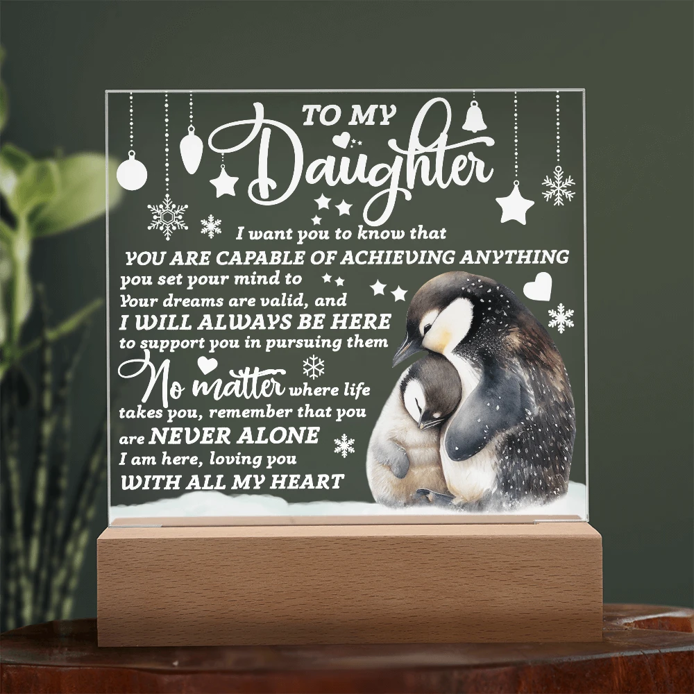 Daughter Penguin Acrylic Plaque – Heartfelt Christmas or Birthday Gift from Mom or Dad | “You Are Capable” LED Light Display