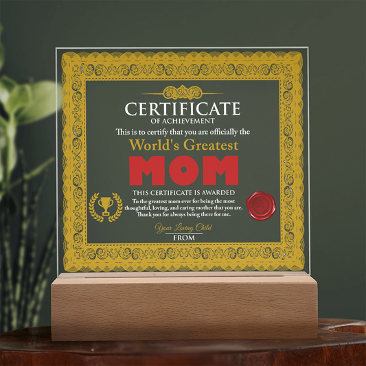 World's Greatest Mom Personalized Certificate – LED Acrylic Plaque Gift for Mother's Day