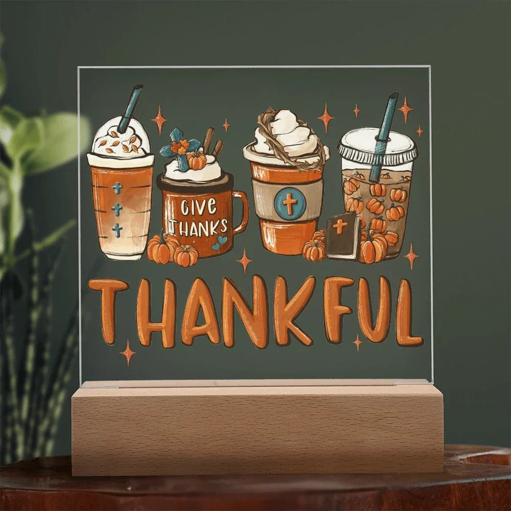 Thankful Coffee Acrylic Plaque – Cozy Fall Décor Gift for Coffee Lovers | “Give Thanks” Autumn LED Light Display