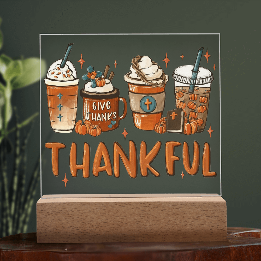 Thankful Coffee Acrylic Plaque – Cozy Fall Décor Gift for Coffee Lovers | “Give Thanks” Autumn LED Light Display