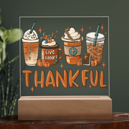 Thankful Coffee Acrylic Plaque – Cozy Fall Décor Gift for Coffee Lovers | “Give Thanks” Autumn LED Light Display