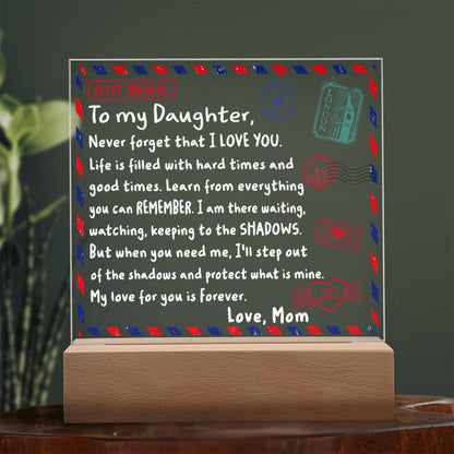 To My Daughter Airmail Acrylic Plaque – Love from Mom | Heartfelt LED Light Gift with Message of Strength and Protection