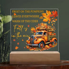 Fall Is in the Air Acrylic Plaque – Pumpkin Truck Autumn Decor – Lighted Acrylic Sign with Wooden Base (Corded or Battery Option)