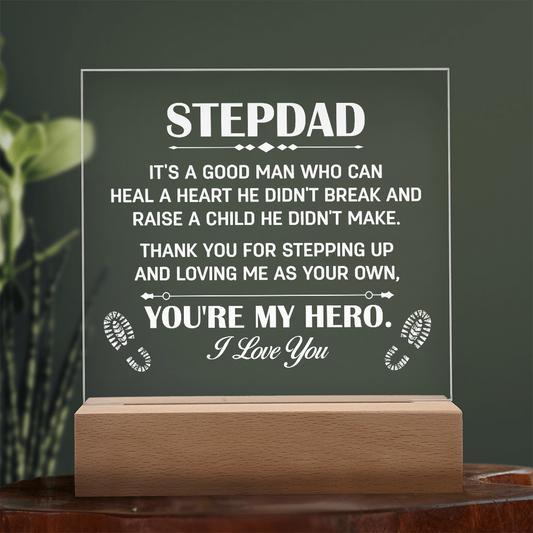 Stepdad Acrylic LED Plaque – “You're My Hero” Personalized Gift with Custom Name for Father's Day, Birthday, or Christmas