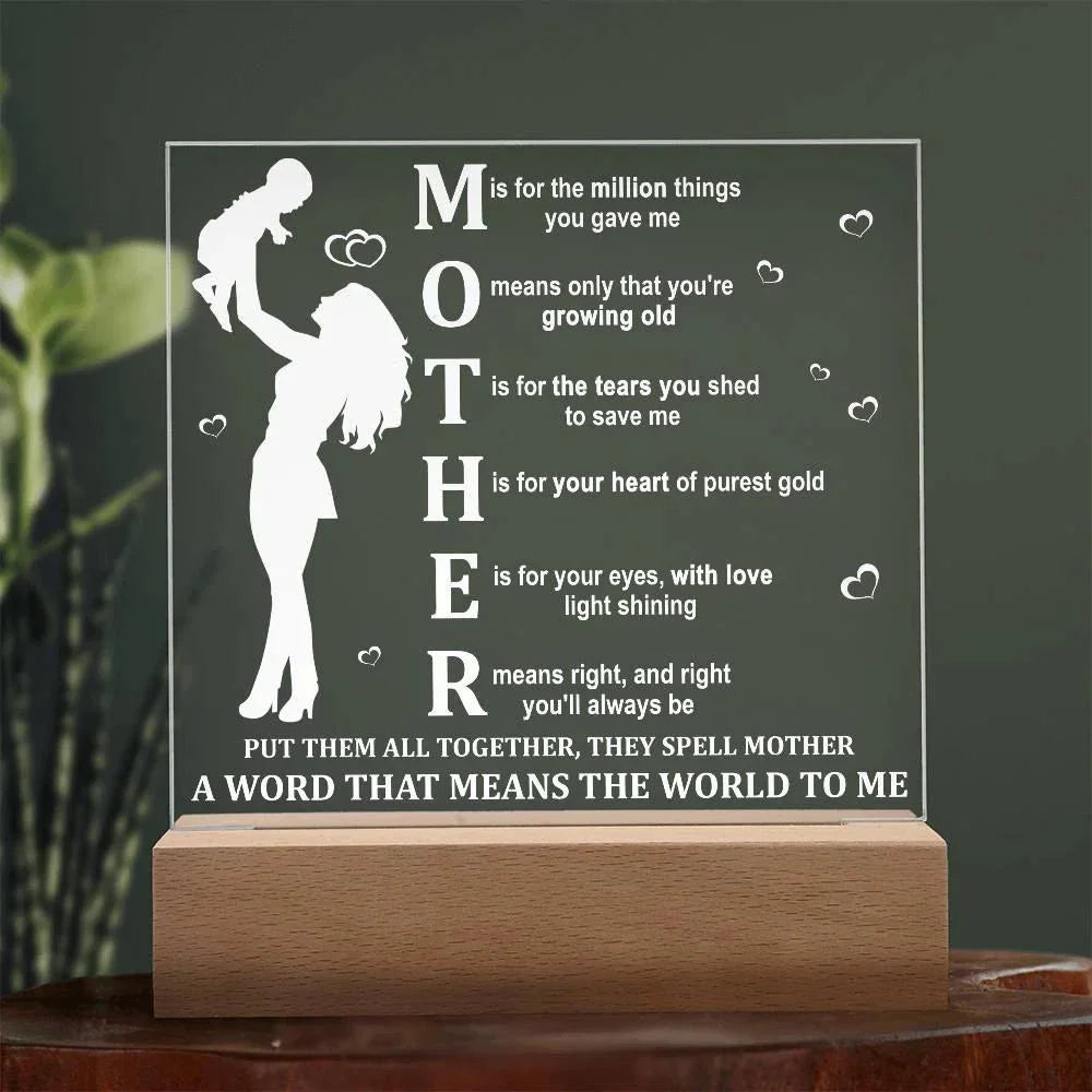Mother Acrylic LED Plaque – A Word That Means the World to Me | Heartfelt Mother's Day Gift