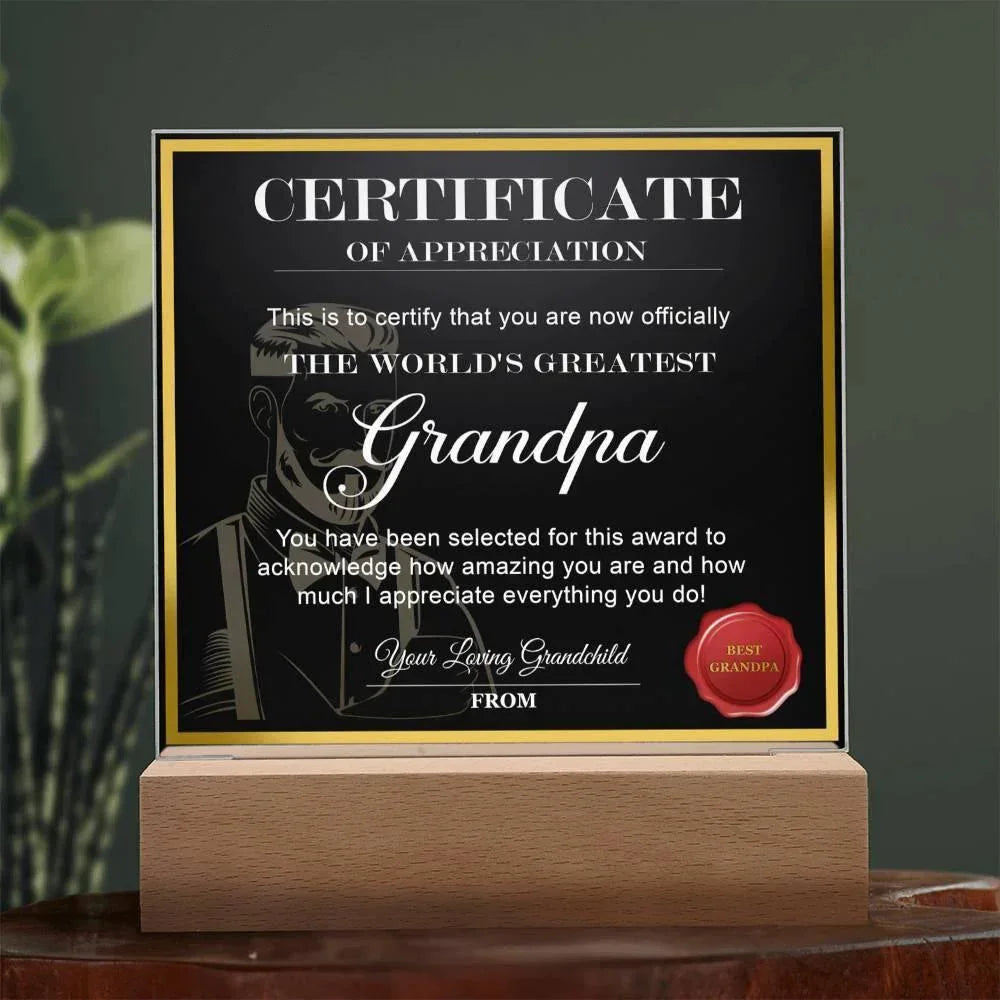 Certificate of Appreciation - The World's Greatest Grandpa Personalized Acrylic Plaque