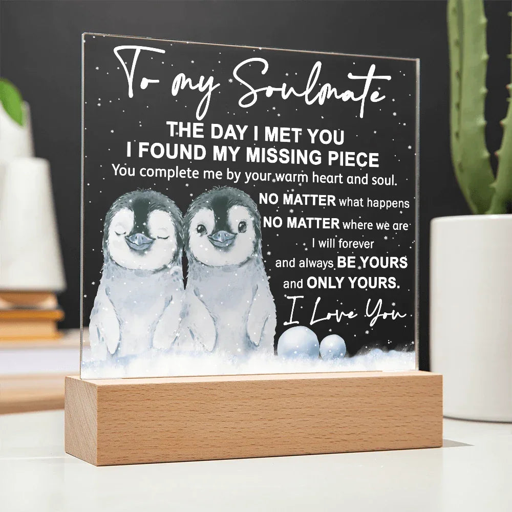 Soulmate Acrylic Plaque – Penguin Couple LED Light Gift | Romantic “You Complete Me” Christmas Keepsake