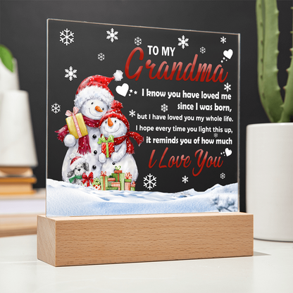 To My Grandma Acrylic Plaque – Snowman Family LED Light Gift | Heartfelt “I Love You” Christmas Keepsake for Grandmother