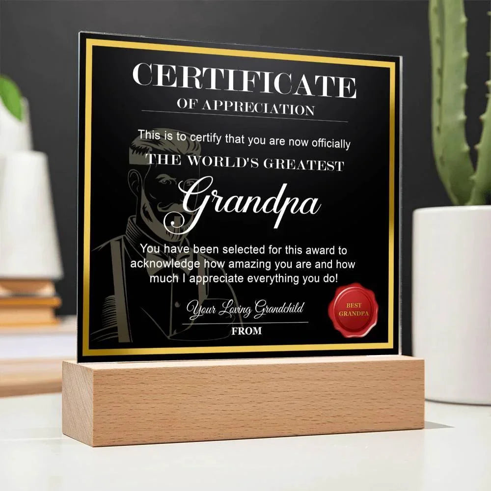 Certificate of Appreciation - The World's Greatest Grandpa Personalized Acrylic Plaque