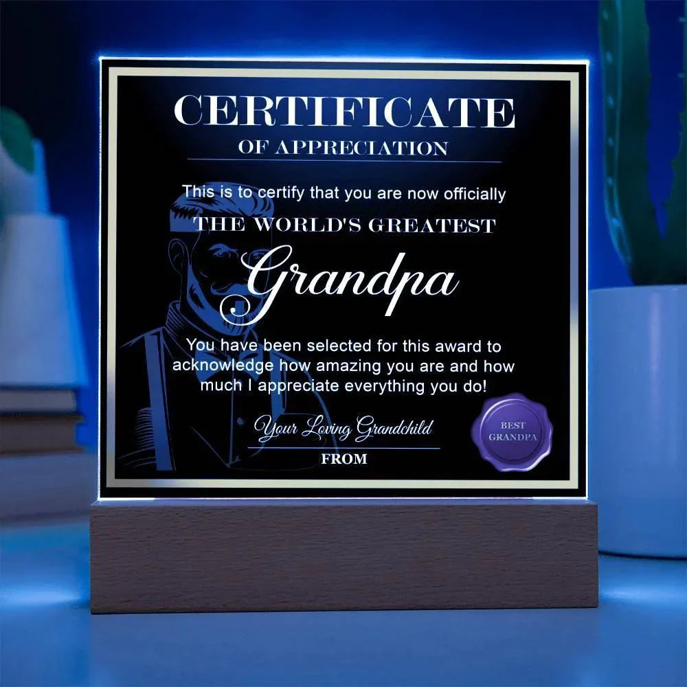Certificate of Appreciation - The World's Greatest Grandpa Personalized Acrylic Plaque