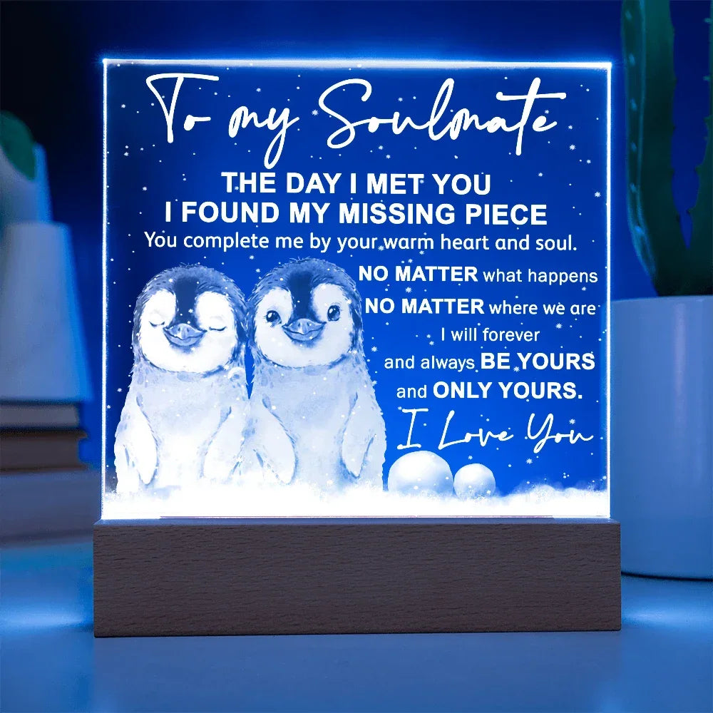 Soulmate Acrylic Plaque – Penguin Couple LED Light Gift | Romantic “You Complete Me” Christmas Keepsake