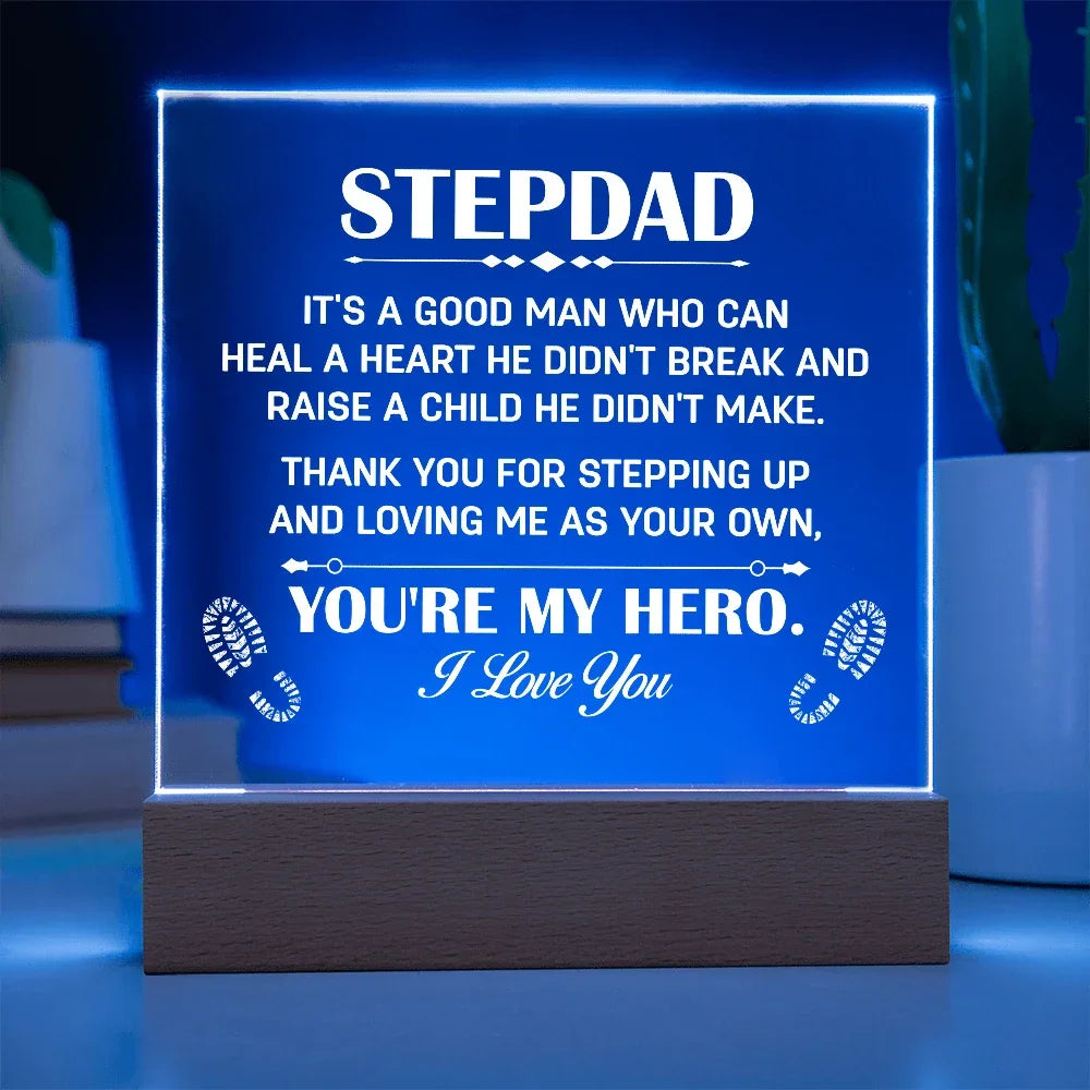Stepdad Acrylic LED Plaque – “You're My Hero” Personalized Gift with Custom Name for Father's Day, Birthday, or Christmas