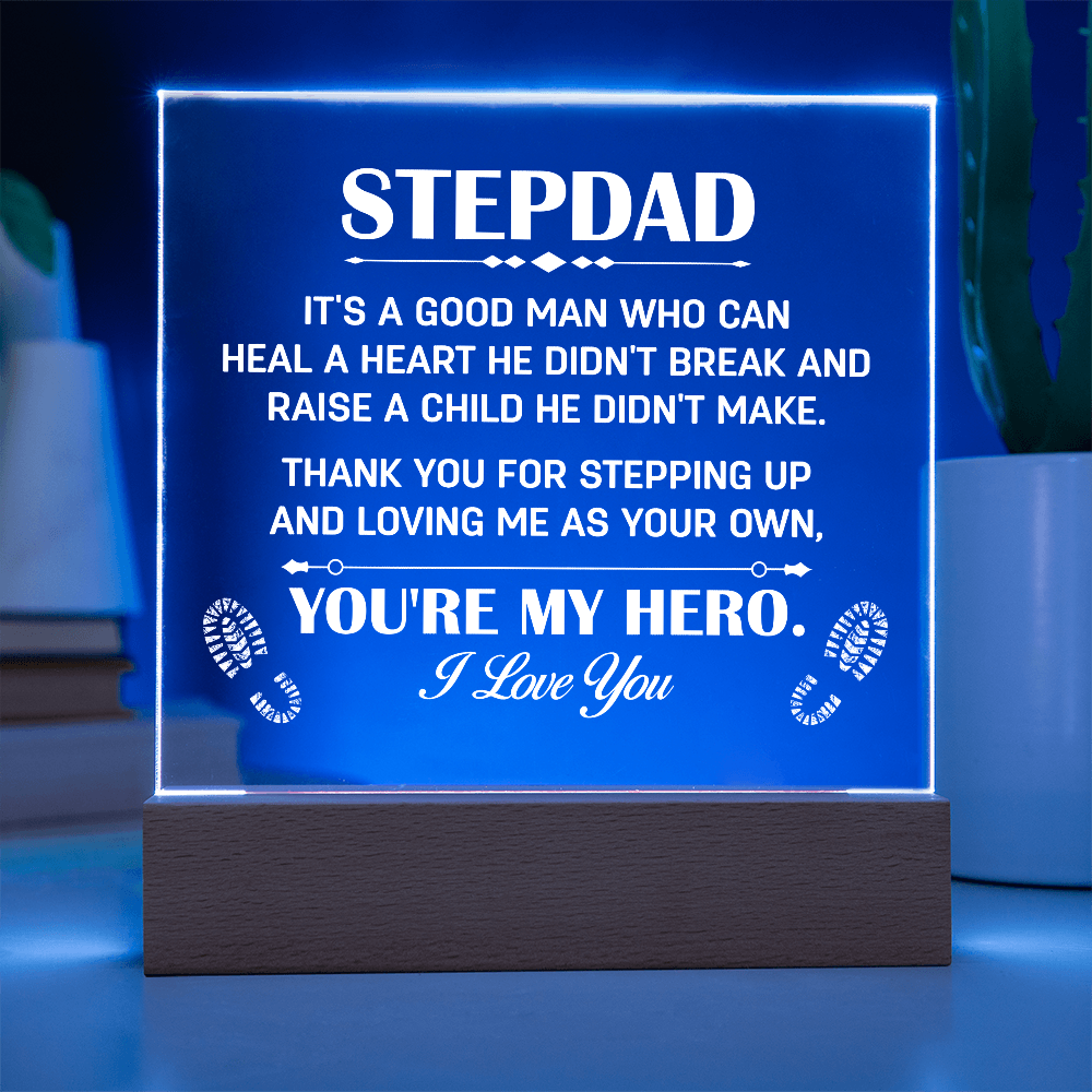Stepdad Acrylic LED Plaque – “You're My Hero” Personalized Gift with Custom Name for Father's Day, Birthday, or Christmas - Mallard Moon Gift Shop