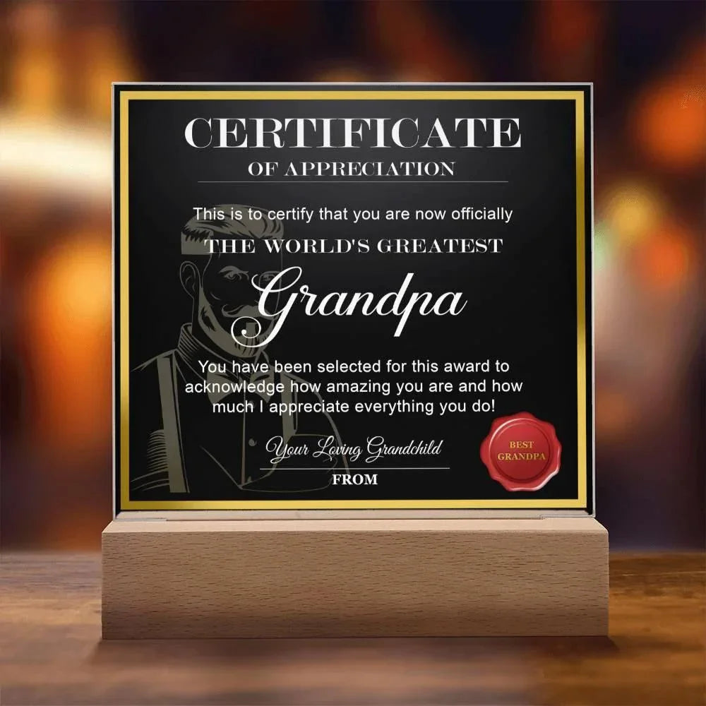 Certificate of Appreciation - The World's Greatest Grandpa Personalized Acrylic Plaque