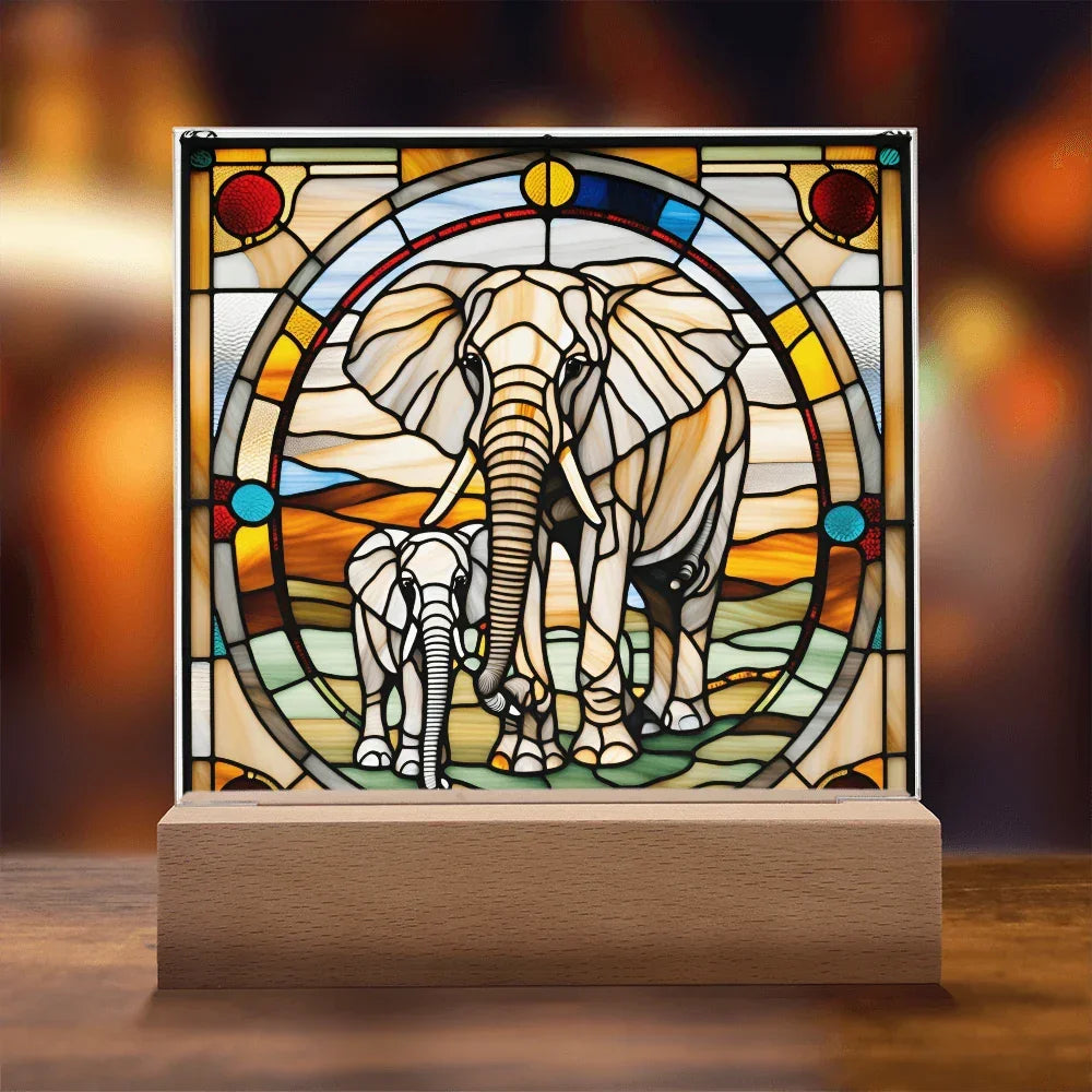 Elephant Mother and Baby Calf - Stained Glass Style LED Acrylic Plaque – A Symbol of Strength, Love, and Family
