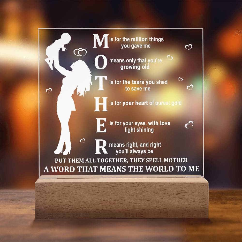 Mother Acrylic LED Plaque – A Word That Means the World to Me | Heartfelt Mother's Day Gift - Mallard Moon Gift Shop