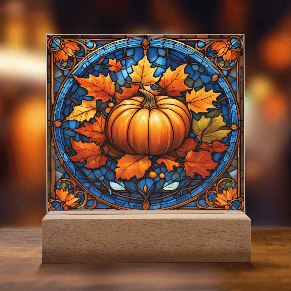 Stained Glass Pumpkin Acrylic Plaque – Elegant Thanksgiving Home Décor | Fall Harvest LED Light Display
