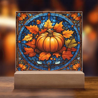 Stained Glass Pumpkin Acrylic Plaque – Elegant Thanksgiving Home Décor | Fall Harvest LED Light Display