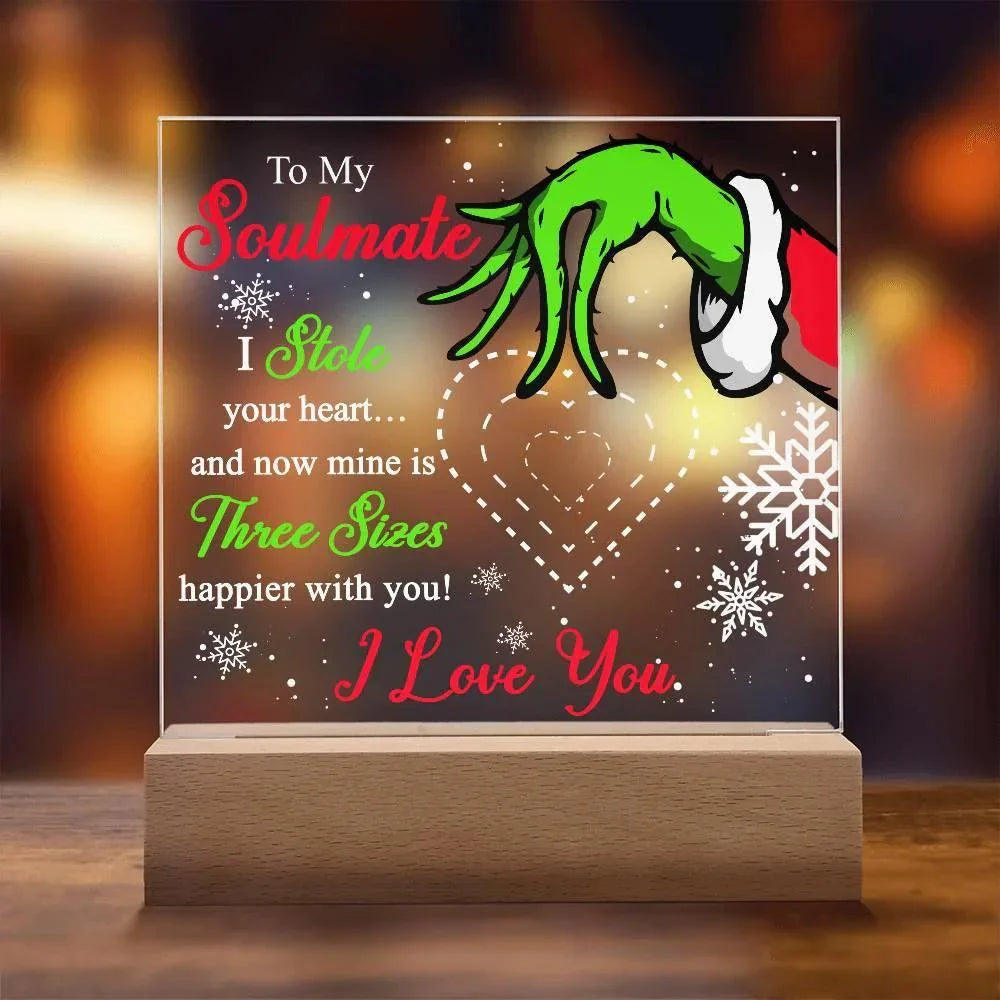 Soulmate Gift - Stole My Heart - Christmas Acrylic Plaque with Lighted LED Wooden Base