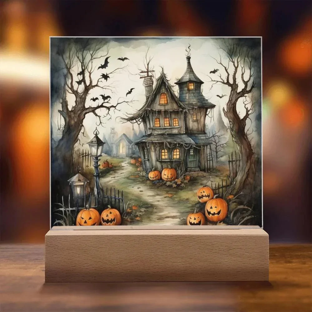 Midnight Manor: Premium Acrylic Halloween Plaque Haunted House Lighted Table-top Decor