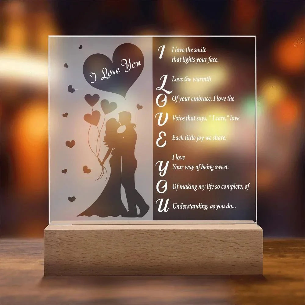I Love You - Romantic Acrylic LED Plaque – Heartfelt Gift for Wife, Husband, or Partner | Illuminated Poem Keepsake