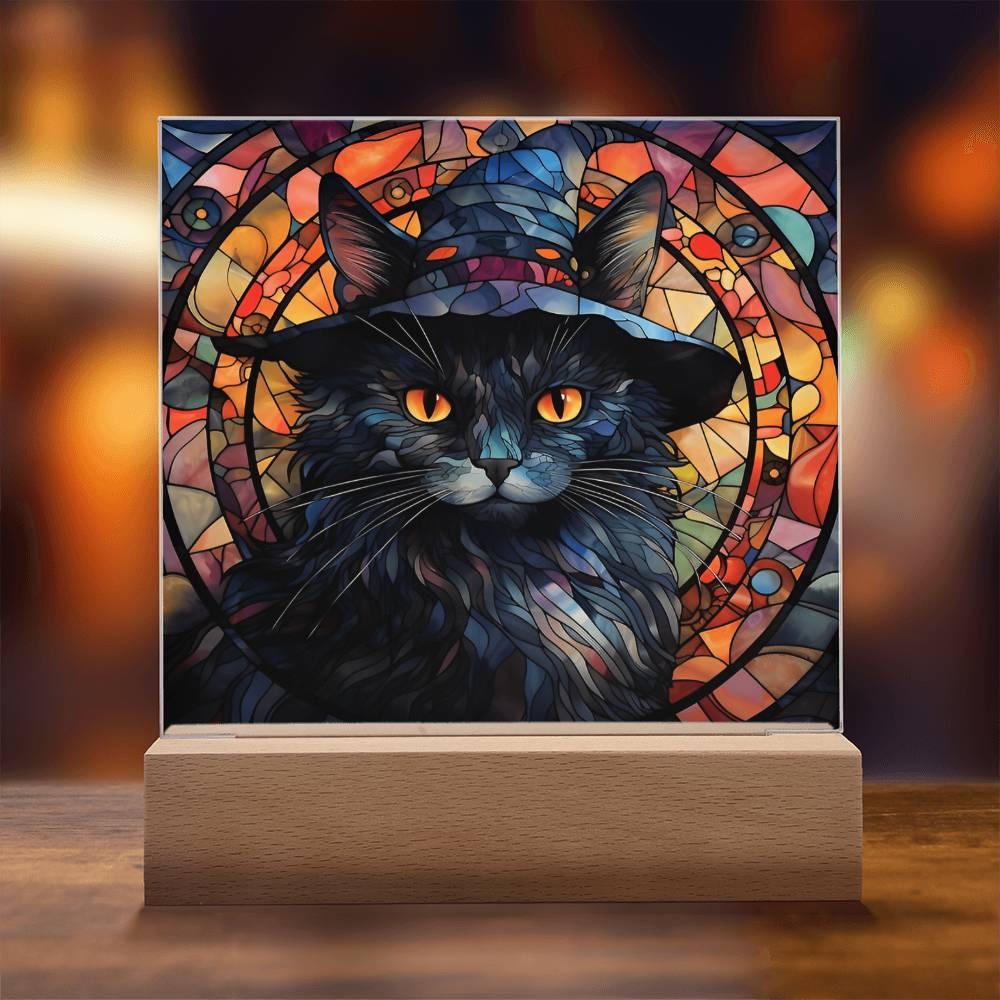 Halloween Decor - Spooky Black Cat Acrylic Square Plaque with LED Wooden Base - Mallard Moon Gift Shop