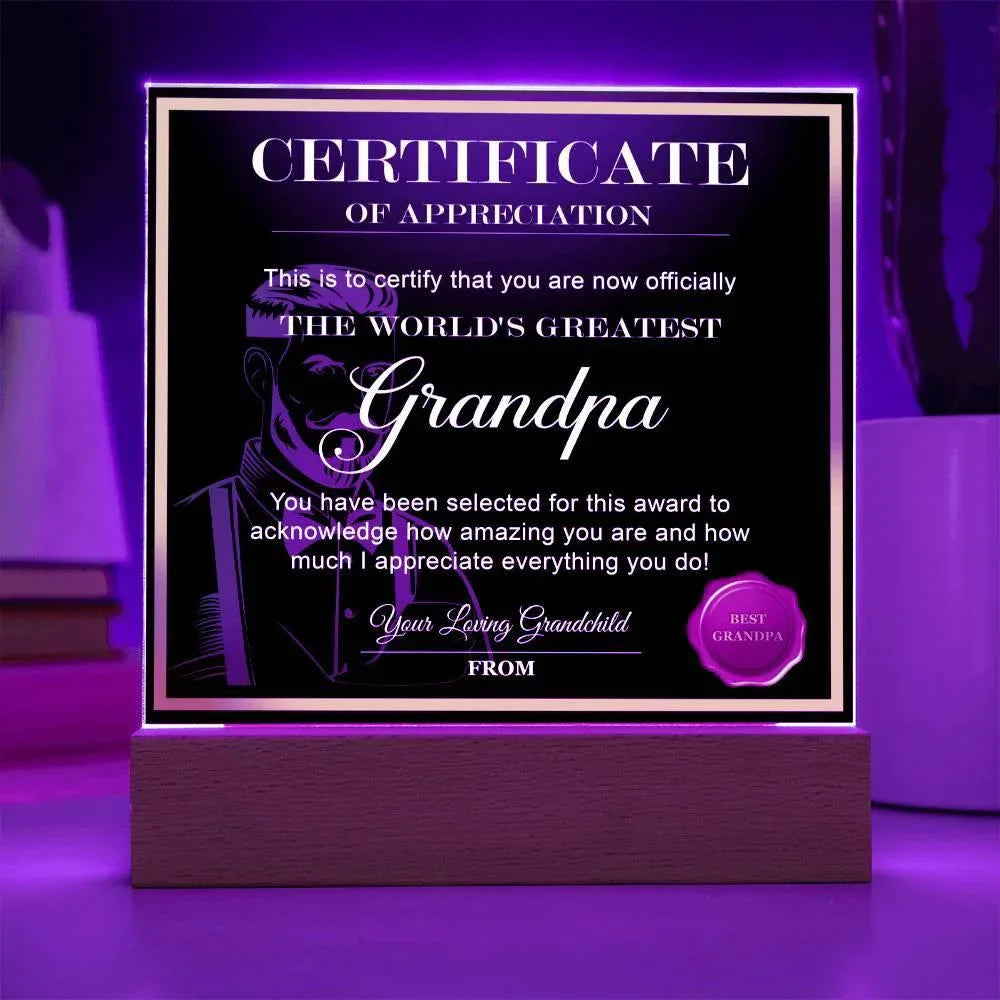 Certificate of Appreciation - The World's Greatest Grandpa Personalized Acrylic Plaque