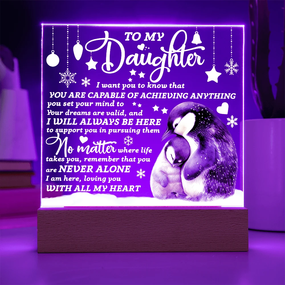 Daughter Penguin Acrylic Plaque – Heartfelt Christmas or Birthday Gift from Mom or Dad | “You Are Capable” LED Light Display
