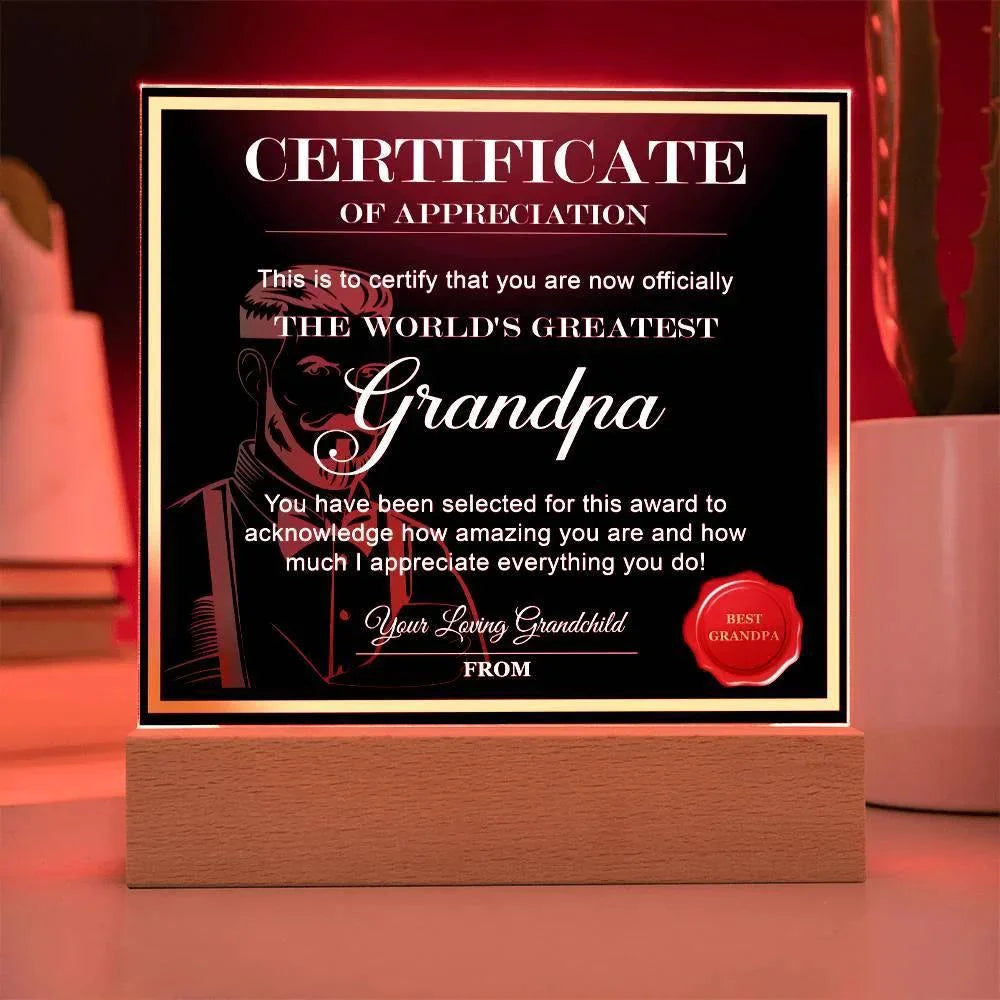 Certificate of Appreciation - The World's Greatest Grandpa Personalized Acrylic Plaque