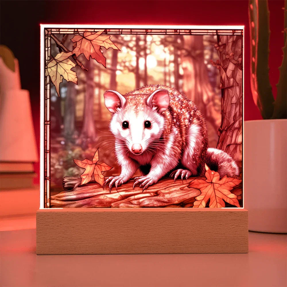 North American Opossum LED Acrylic Plaque – Autumn Forest Scene – Wooden Base (Battery or Corded)