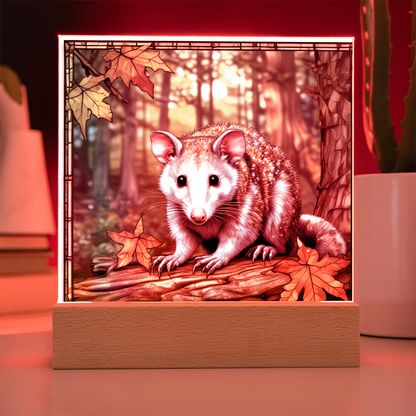 North American Opossum LED Acrylic Plaque – Autumn Forest Scene – Wooden Base (Battery or Corded) - Mallard Moon Gift Shop