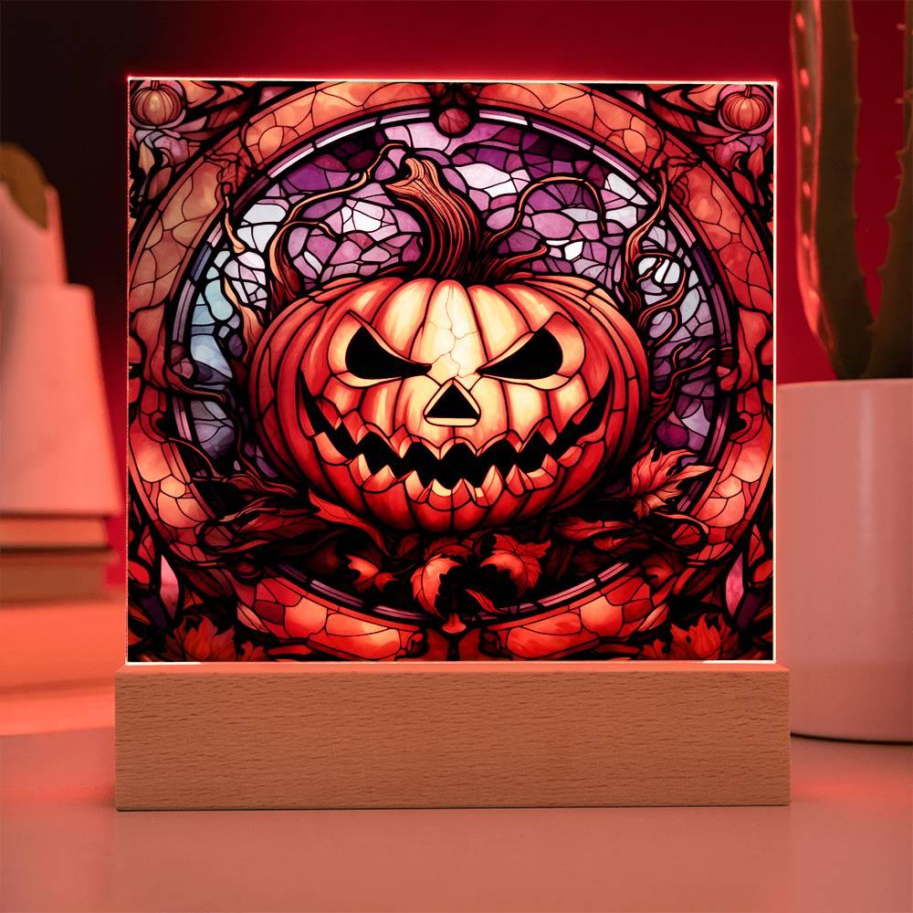 Halloween Pumpkin Stained-Glass Acrylic Square Plaque with LED Wooden Base - Mallard Moon Gift Shop
