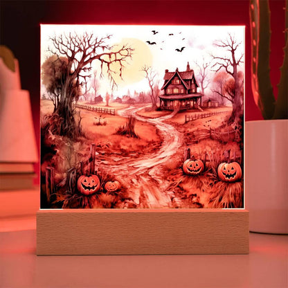 Haunted Elegance: Spooky Halloween Mansion Acrylic Square Plaque with LED Lighted Wooden Base - Mallard Moon Gift Shop