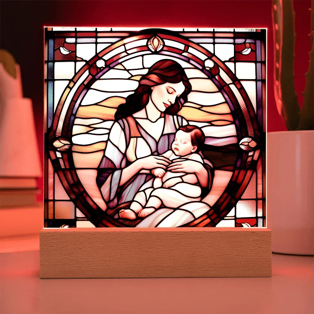 Brunette Mother and Baby - Stained Glass Style LED Acrylic Plaque – A Cherished Gift for Mother's Day or New Moms