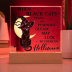 Halloween Decor - Black Cats and Pumpkins Gleam Acrylic Square Plaque with LED Wooden Base