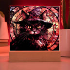 Halloween Decor - Spooky Black Cat Acrylic Square Plaque with LED Wooden Base